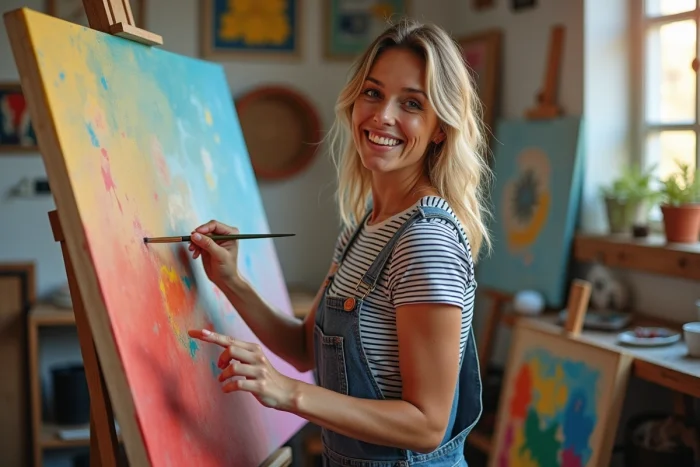 Femme souriante en salopette peignant sur une grande toile colorée dans son atelier d'art pour le plaisir créatif