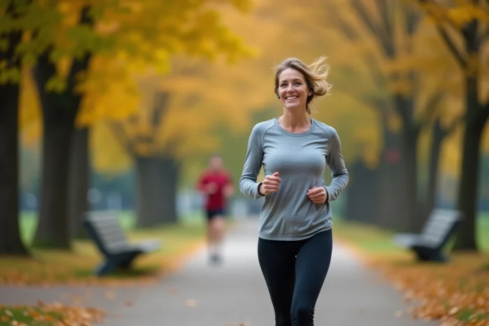 Femme marchant rapidement dans un parc en tenue de sport, illustrant les recommandations OMS d'activité physique modérée