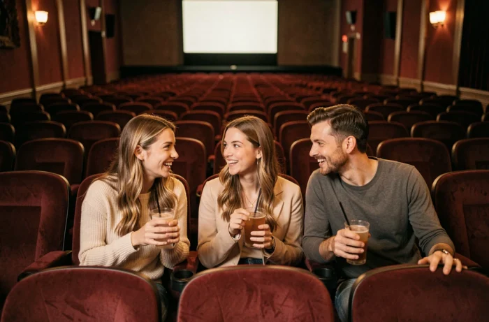 Groupe d'amis cinéphiles discutant dans les fauteuils velours rouges d'une salle de cinéma vintage avant la séance