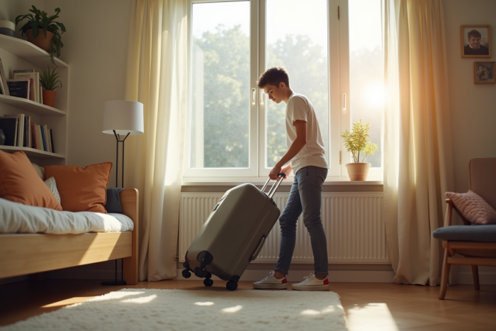 Intérieur lumineux d'un appartement étudiant moderne avec jeune adulte déballant une valise près d'une fenêtre