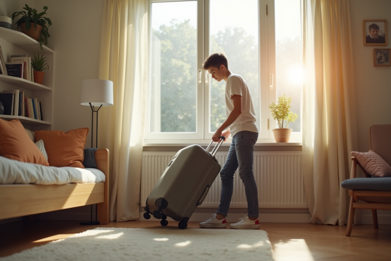 Intérieur lumineux d'un appartement étudiant moderne avec jeune adulte déballant une valise près d'une fenêtre