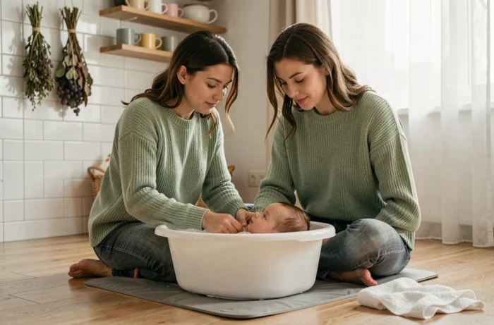 Jeune femme donnant le bain à son bébé dans une baignoire ergonomique dans une cuisine chaleureuse et naturelle