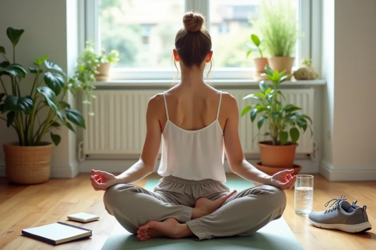 Femme détendue en tenue confortable sur un tapis de yoga entourée d'accessoires de bien-être quotidien dans un salon lumineux
