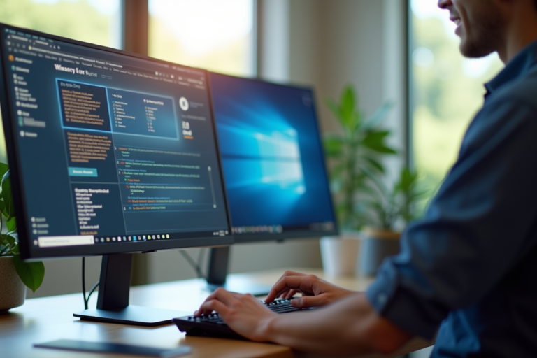 Bureau moderne avec deux écrans et clavier lumineux