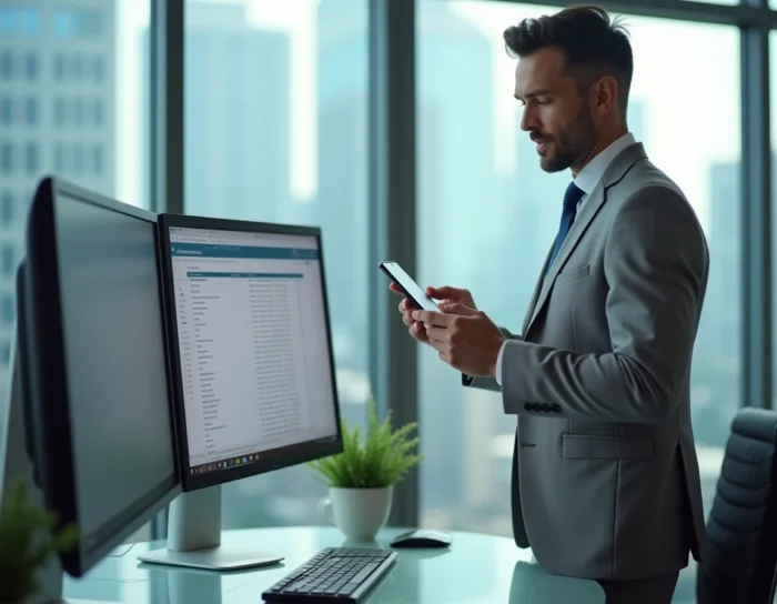 Cadre professionnel masculin consultant une application de mutuelle santé sur smartphone dans un bureau avec vue urbaine