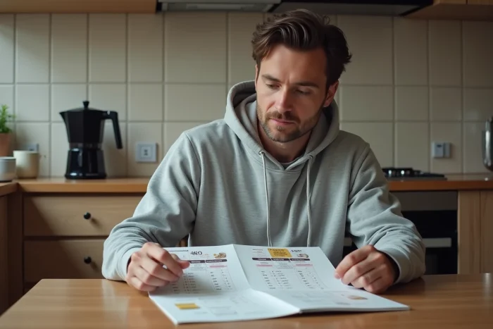 Homme consultant un calendrier de l'opération chèque différé Leclerc à la maison