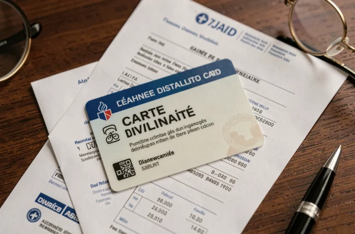 Carte d'invalidité posée sur des documents fiscaux et une déclaration de taxe foncière