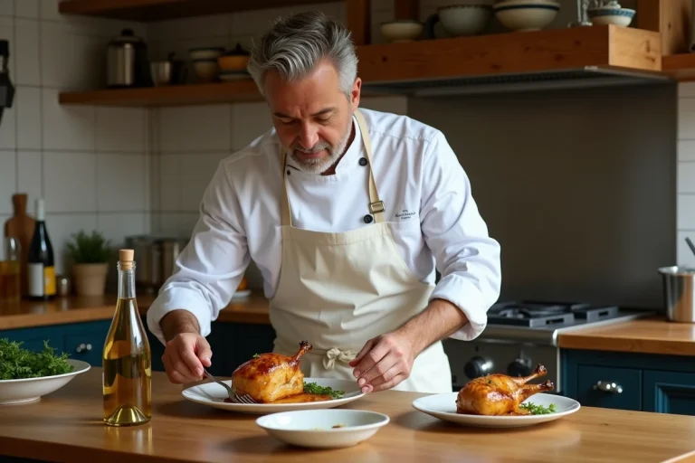 Chef français préparant un poulet au vin jaune dans une cuisine moderne