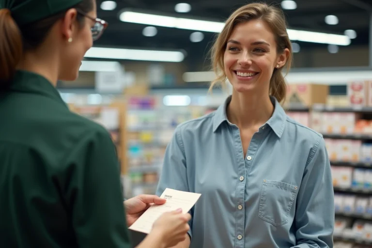 Femme remettant un chèque différé Leclerc à une caissière en supermarché lors d'un achat
