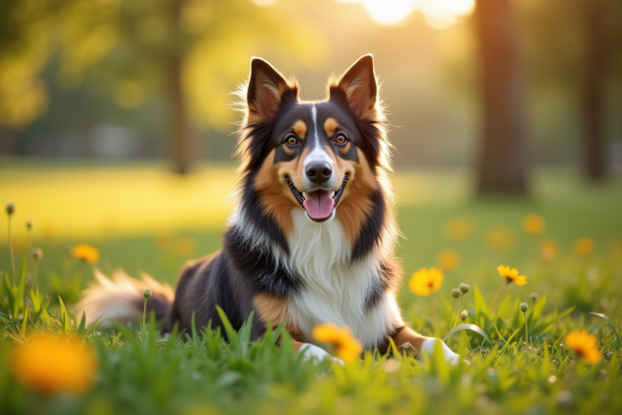 Chien de race mixte au pelage brillant dans un parc ensoleille