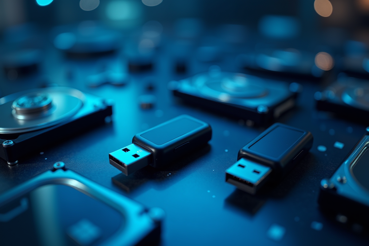 Clavier et clés USB sur surface réfléchissante