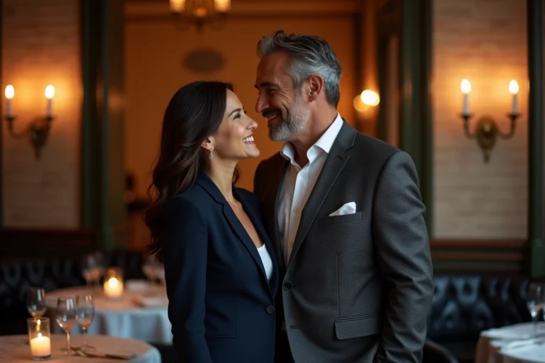 Couple élégant et discret dans un restaurant parisien illustrant la relation entre Clémence Cherier et Patrick Bruel