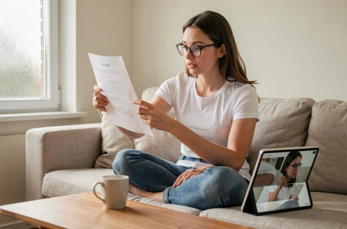 Jeune femme comparant un document imprimé en miroir à son affichage numérique sur tablette dans un salon moderne