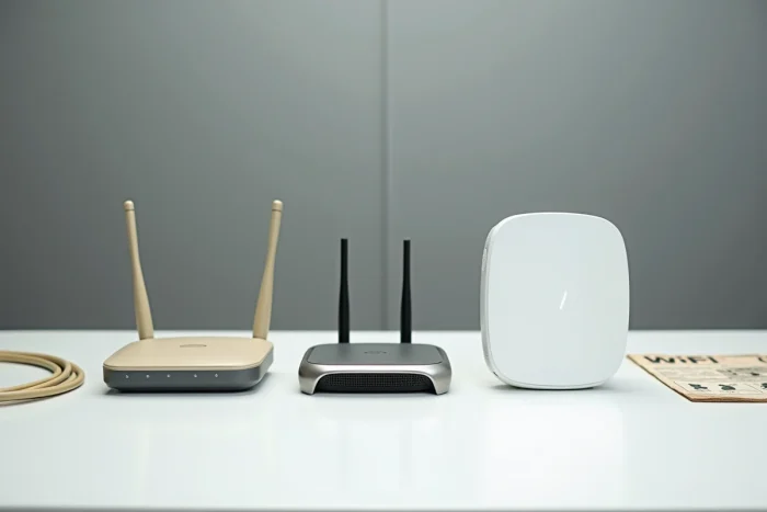 Comparaison de routeurs Wi-Fi legacy et modernes posés sur une table, illustrant l'évolution des standards sans fil