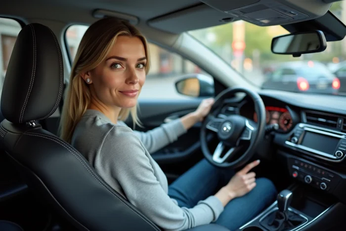 Conductrice utilisant le sélecteur de vitesses d'une boîte semi-automatique dans une voiture moderne