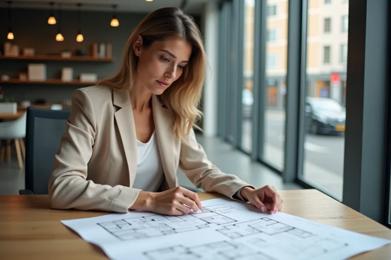 Conseillère immobilière analysant des plans de logement dans une agence moderne