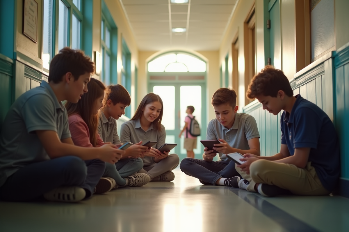 Étudiants dans un couloir scolaire utilisant des tablettes et smartphones