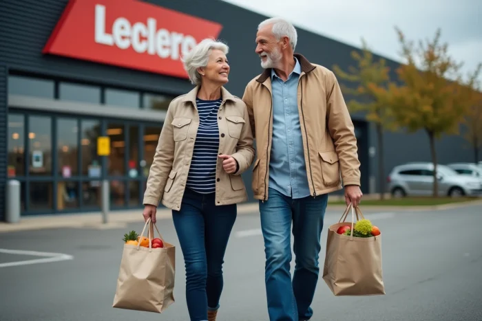 Couple sortant d'un magasin Leclerc avec des courses après utilisation de chèques différés