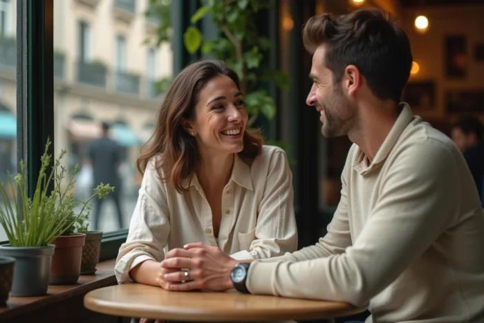 Couple complice attablé dans un café parisien, partageant un moment intime et discret loin des regards