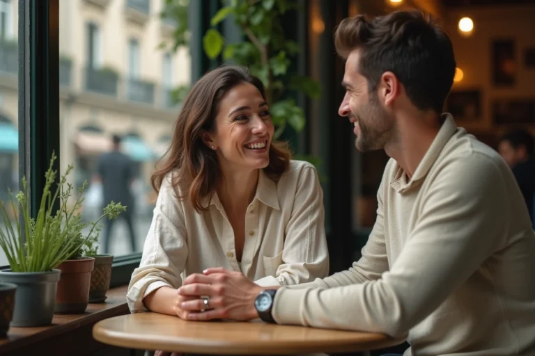 Couple complice attablé dans un café parisien, partageant un moment intime et discret loin des regards