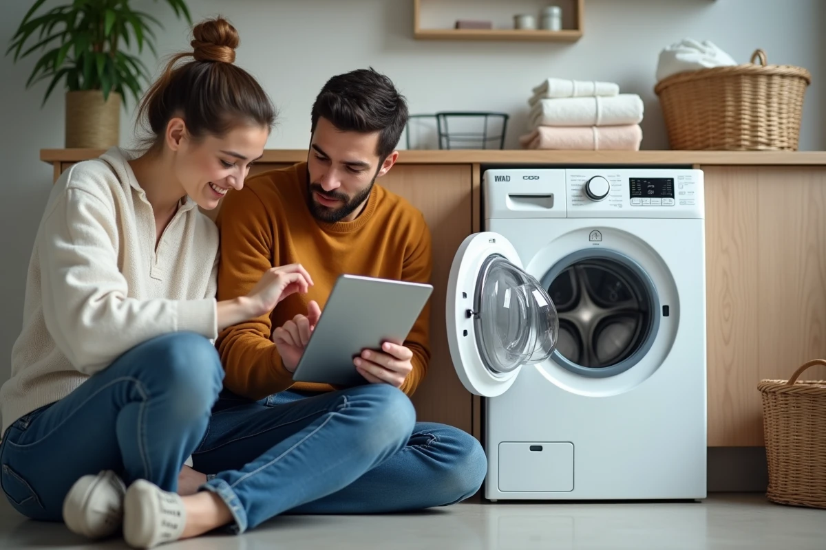 Jeune couple discutant devant lave-linge à la maison