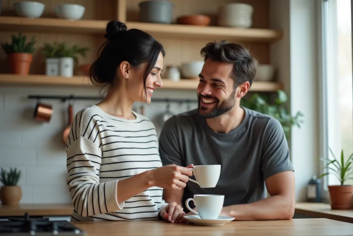 Couple partageant un moment du quotidien dans une cuisine chaleureuse, ambiance naturelle et vie privée préservée