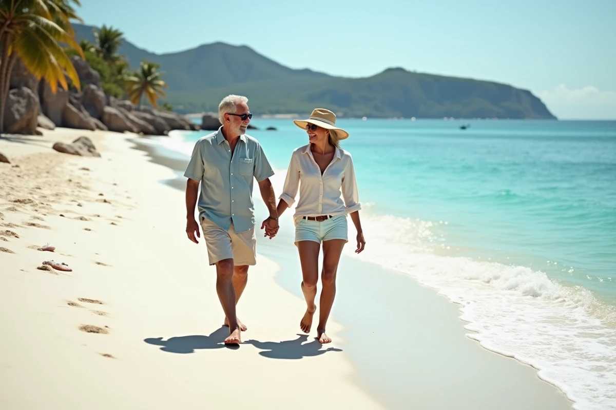 Couple marchant sur la plage de sable blanc avec mer turquoise