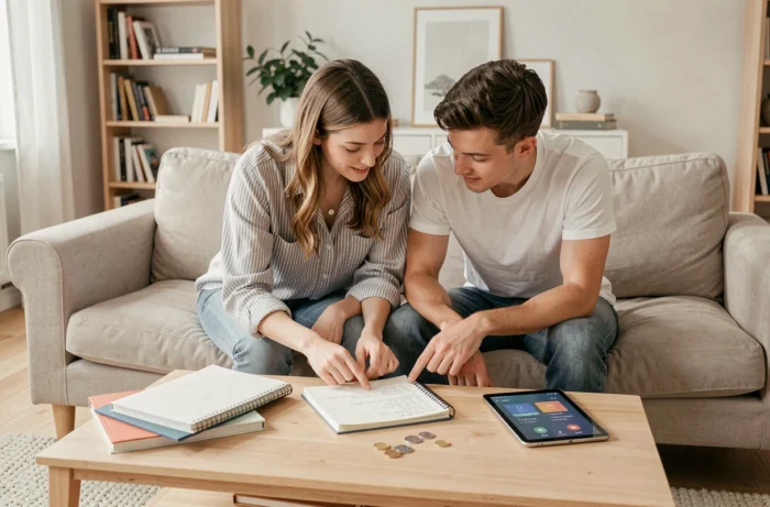 Jeune couple planifiant ensemble leur budget familial sur un canapé, tablette et carnet de finances posés sur la table basse