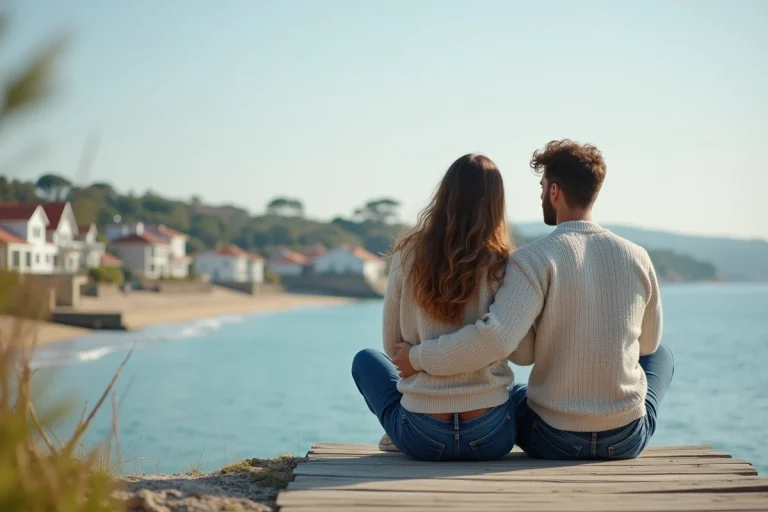 Jeune couple sur un ponton face à la mer calme