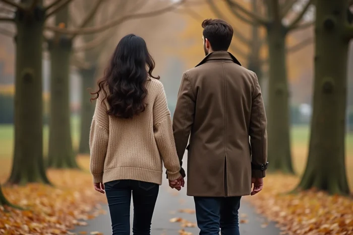 Couple se promenant main dans la main sur une allée de parc en automne, dans une atmosphère intime et authentique