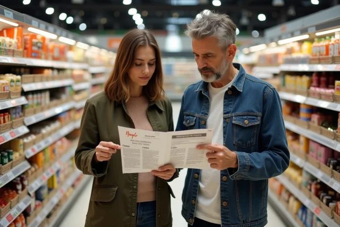 Couple en supermarché consultant les dates des chèques différés Leclerc 2026 sur un prospectus