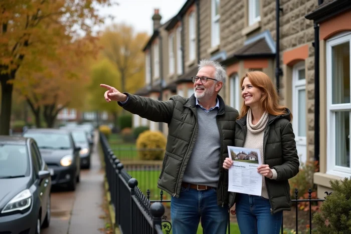 Couple visitant une maison traditionnelle en pierre lors d'une visite immobilière