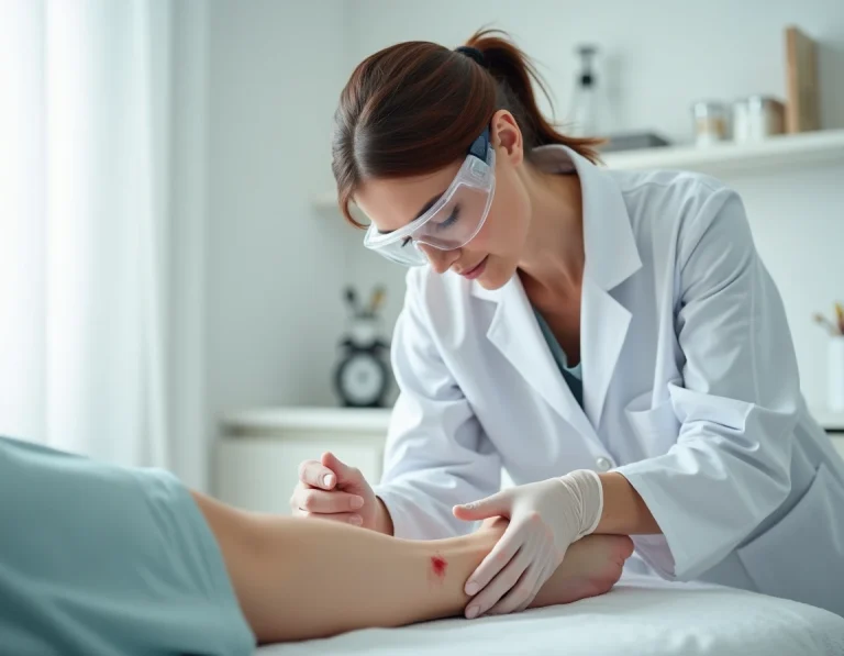 Dermatologue examinant une lésion vasculaire sur la jambe d'une patiente lors d'une consultation en clinique esthétique