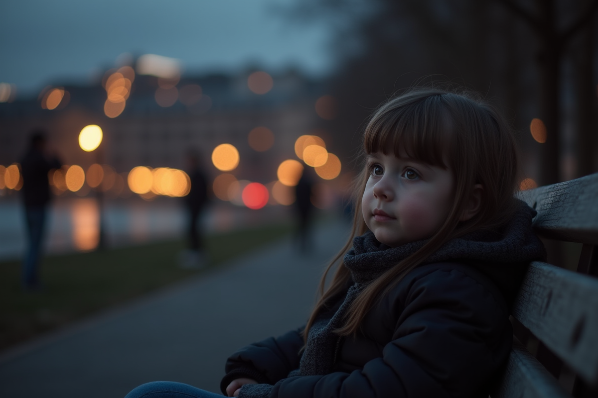 Enfant assis seul sur un banc au crépuscule en ville