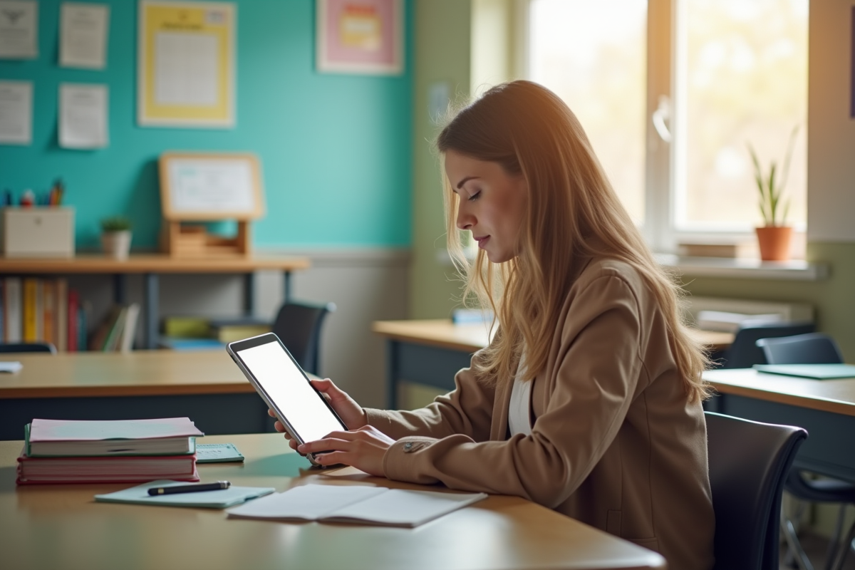 Enseignant seul utilisant une tablette dans une classe ensoleillee