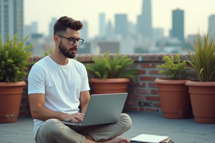 Jeune entrepreneur travaillant sur des outils de visibilité web innovants depuis une terrasse urbaine pour développer la présence en ligne de son entreprise