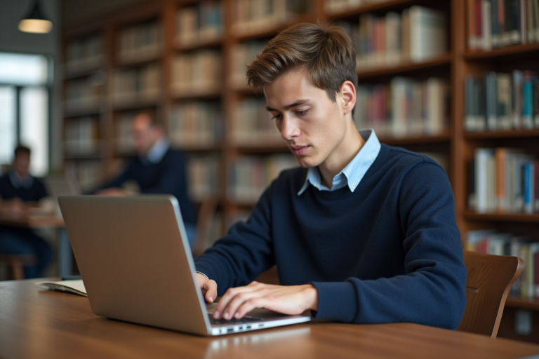 Jeune étudiant concentré sur son ordinateur dans une bibliothèque