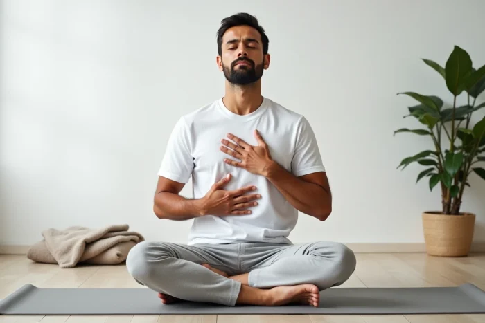 Homme assis sur un tapis de yoga les yeux fermés pratiquant des exercices de respiration contrôlée dans un espace minimaliste