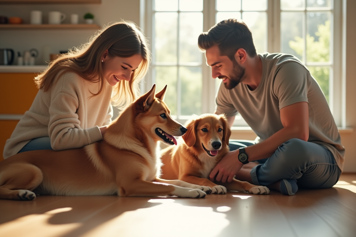 Famille caressant deux chiens croisés dans une cuisine lumineuse
