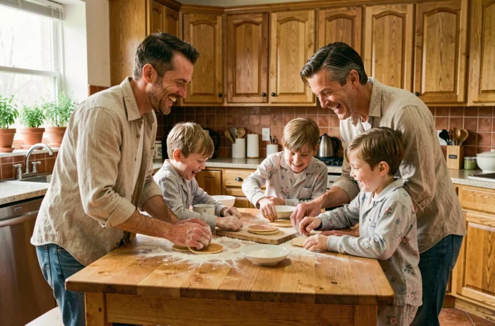 Famille épanouie préparant des pancakes ensemble dans une cuisine chaleureuse le matin