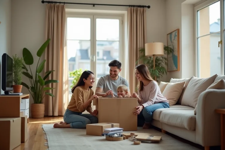Famille heureuse emballant des cartons dans un salon chaleureux