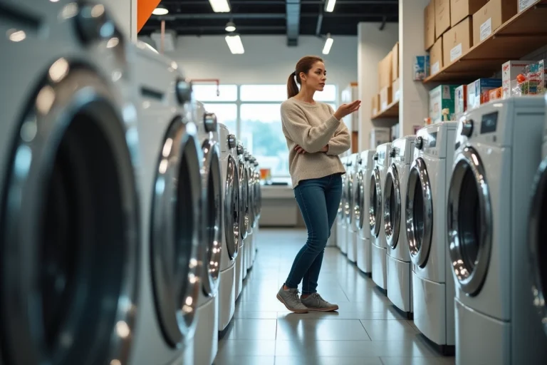 Femme comparant deux lave-linge en magasin lumineux