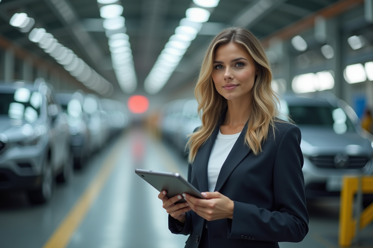 Femme d affaires contrôle la production dans une usine automobile