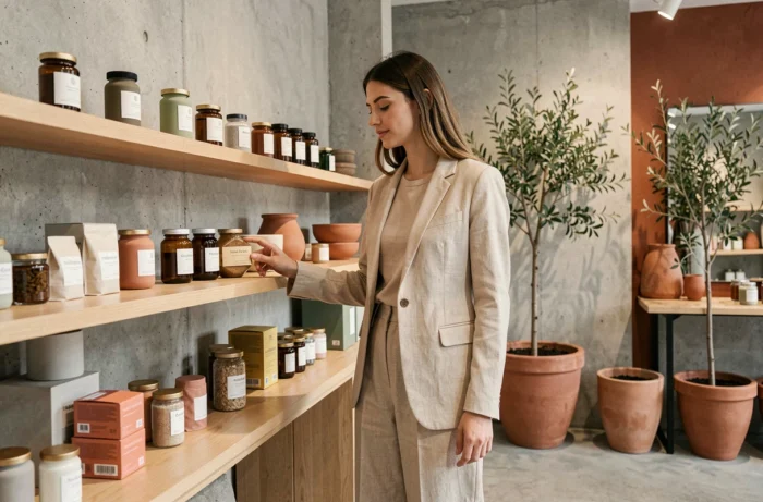 Femme élégante explorant les nouveautés lifestyle dans une boutique concept minimaliste aux tons terreux