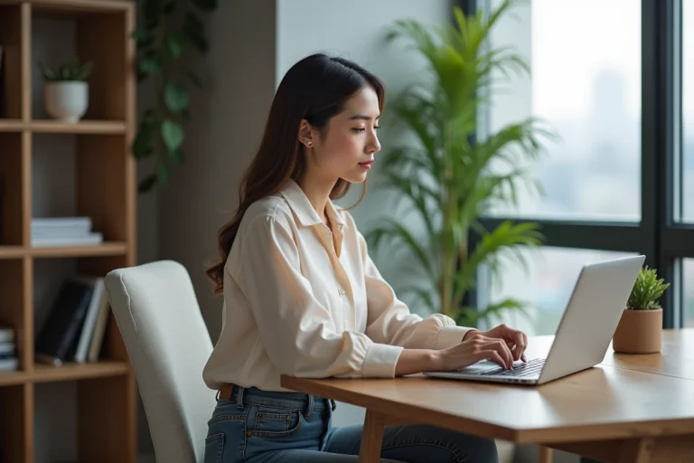 Jeune femme au bureau moderne travaillant sur son ordinateur