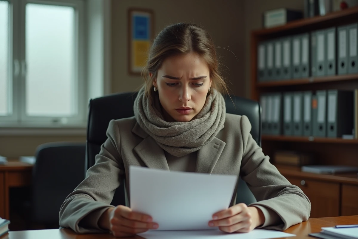Femme assise lisant une lettre dans un bureau