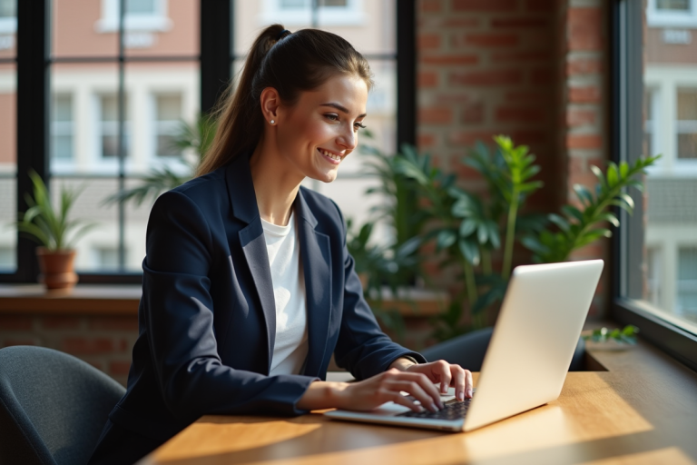 Jeune femme au bureau utilisant une messagerie sécurisée