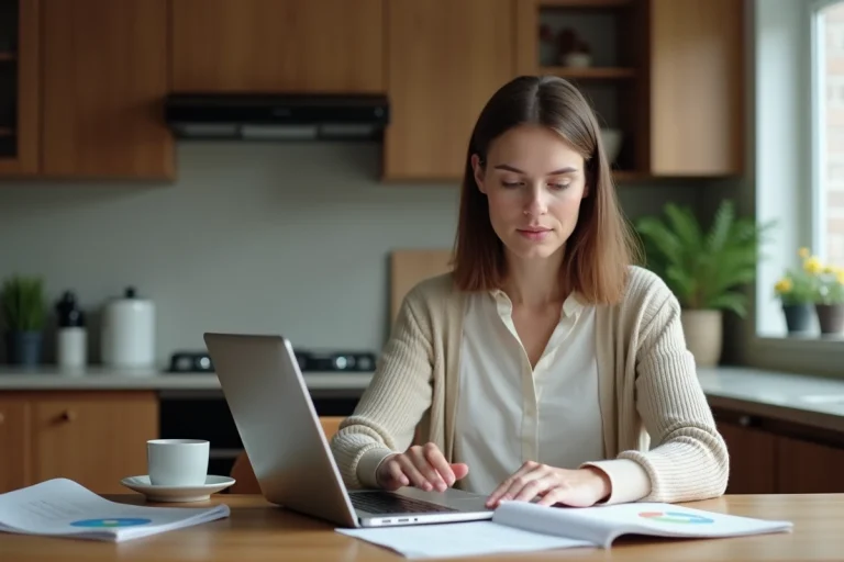 Femme utilisant un ordinateur dans une cuisine moderne