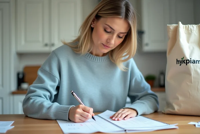 Femme organisant le calendrier des chèques différés Leclerc 2026 dans une cuisine moderne