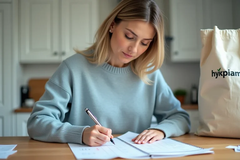 Femme organisant le calendrier des chèques différés Leclerc 2026 dans une cuisine moderne
